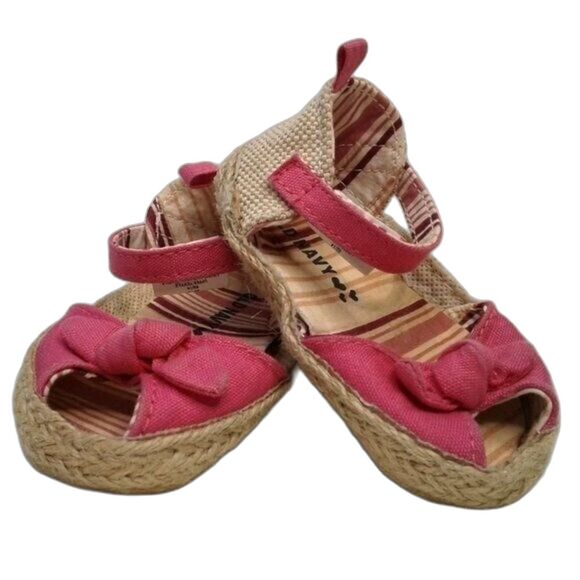 Old Navy Peep Toe Soft Sole Espadrilles Sz3 Baby SoftBack HotPink Bows Jute Sole - Picture 1 of 11